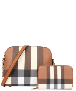 2in1 Checkered Crossbody Bag with Wallet Set LM-8232A BROWN
